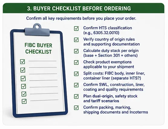 FIBC tariff sourcing strategy and buyer checklist for U.S. importers