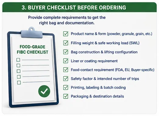 Food-grade FIBC buyer checklist for product specifications and compliance requirements