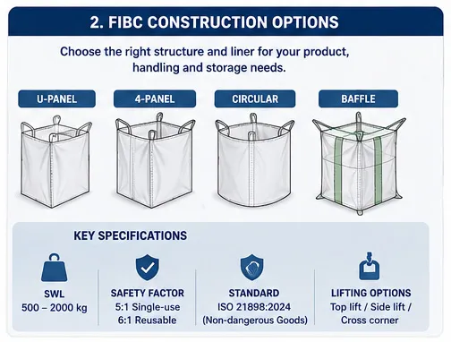 Food-grade FIBC construction options including U-panel 4-panel circular and baffle designs