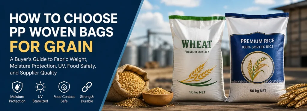 How to choose PP woven bags for grain based on fabric weight, moisture protection, UV stabilization, and food-contact requirements