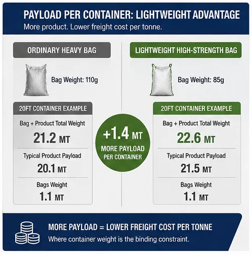 Lightweight versus heavy PP woven bag payload per container