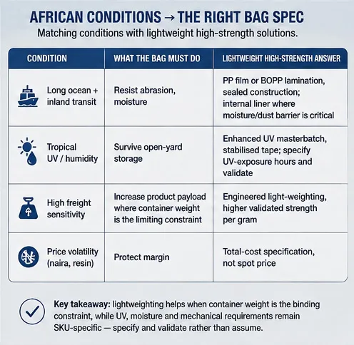 PP woven bag specifications for African climate and bulk logistics