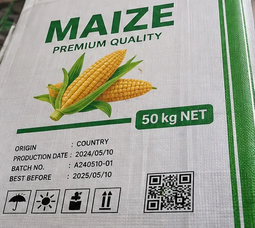 Maize PP woven bag with batch, origin and handling information
