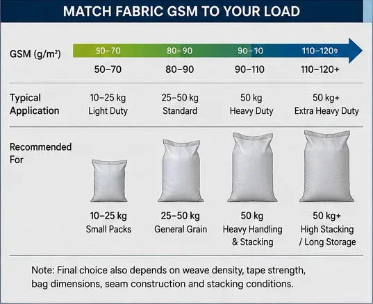 PP woven grain bag fabric GSM comparison for different load and handling requirements