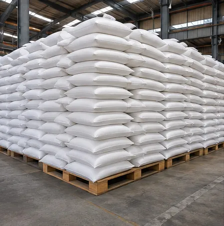 Filled PP woven grain bags stacked on pallets in warehouse storage