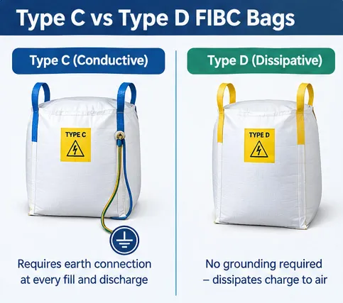 Type C vs Type D FIBC bags showing earth connection versus static-protective construction