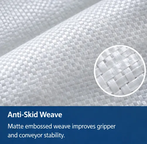 Embossed anti-skid surface on PP woven fabric for automated bag handling