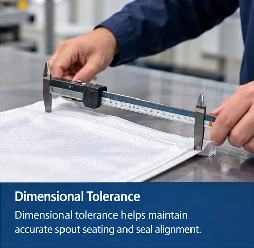 Digital caliper measuring the dimensional tolerance of a PP woven bag