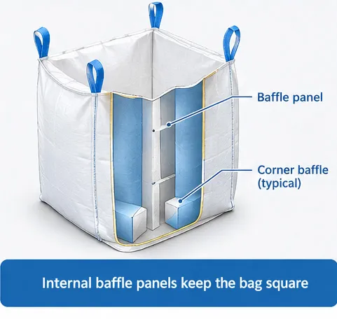 Internal baffle panels inside a Baffle FIBC bag controlling side-wall bulging and maintaining a cubic shape