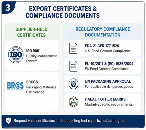 Export certifications and compliance documents for BOPP laminated PP woven bags