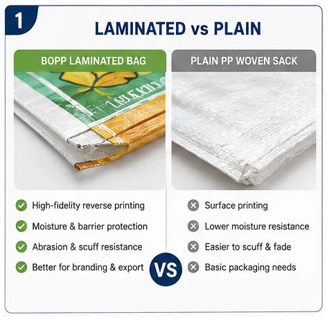 Comparison of BOPP laminated and plain PP woven bags for packaging
