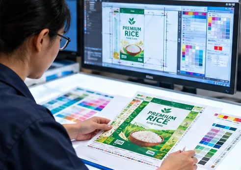 Prepress specialist reviewing colour separation artwork for custom printed PP woven bags