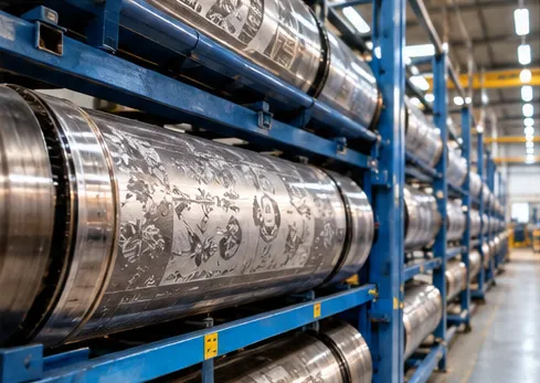 Rotogravure printing cylinders in a plant producing custom printed PP woven bags