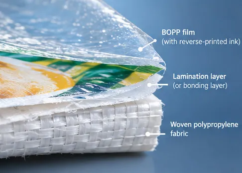 Cross-section detail of a BOPP laminated woven polypropylene bag showing the reverse-printed film layer