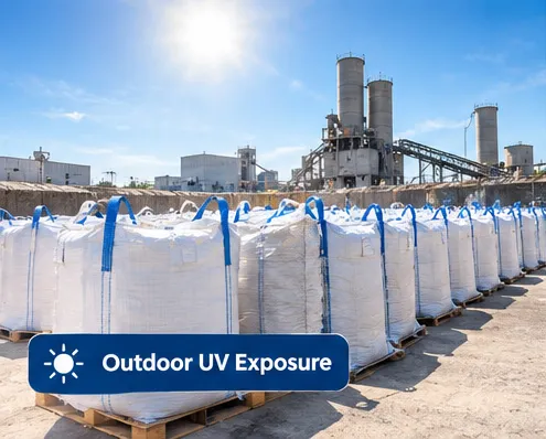 FIBC bulk bags stored outdoors at a cement distribution yard in hot, high-UV climate conditions
