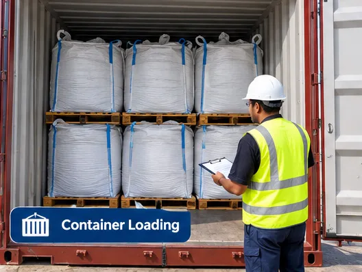 Worker checking stacked FIBC bulk bags inside a shipping container before export