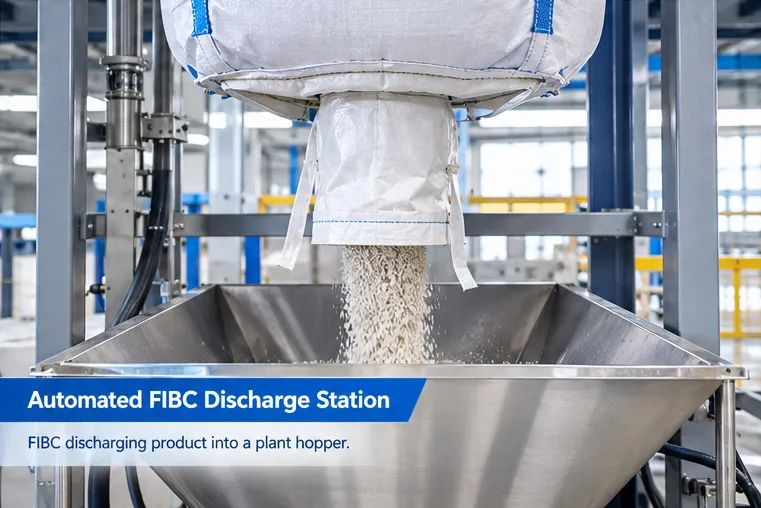 FIBC discharge spout releasing bulk material into an automated unloading hopper