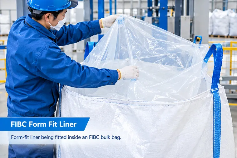 Form-fit liner being fitted inside a custom FIBC bulk bag for automated handling
