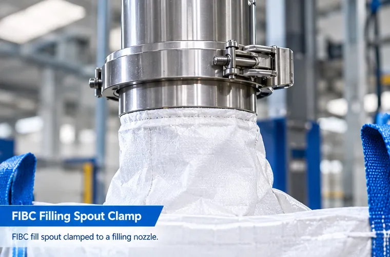 FIBC filling spout clamped to an automated bulk bag filling machine