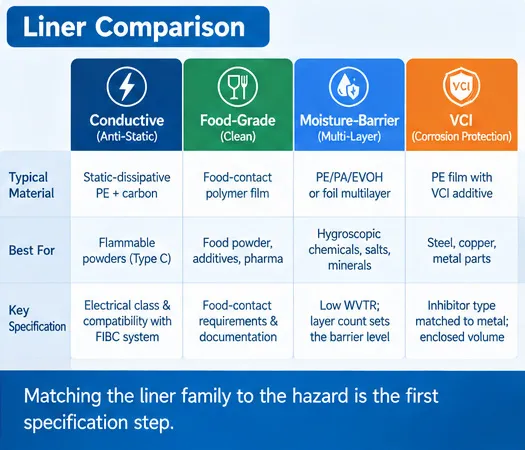 Comparison of conductive, food-grade, moisture-barrier and VCI FIBC liners