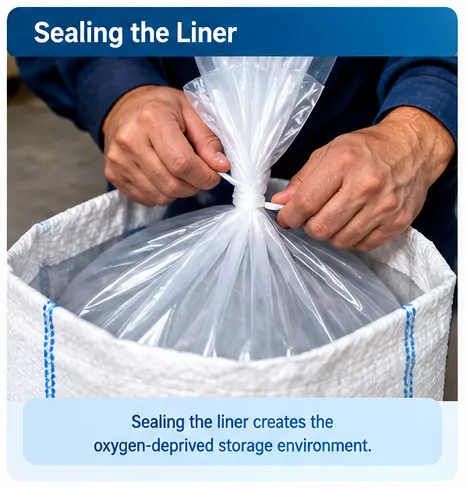 Close-up of a sealed HDPE liner being twisted and tied inside a PP woven bag for hermetic grain storage