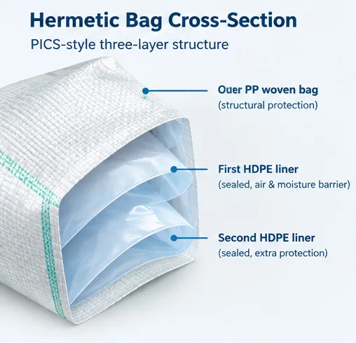 Cross-section of a three-layer hermetic PP woven grain bag showing the outer woven polypropylene shell and two sealed HDPE liners