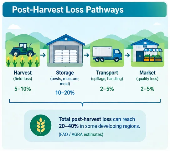Infographic showing post-harvest grain loss pathways from harvest and storage to transport and market
