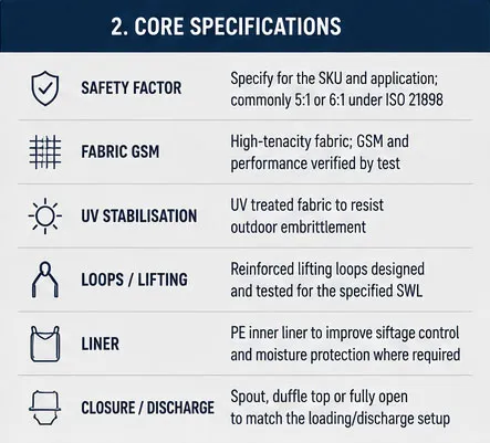 Mining FIBC bag specifications including safety factor, fabric GSM, UV stabilisation, lifting loops and liner