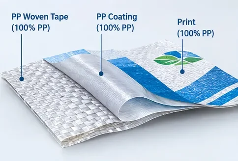 Mono-material PP woven bag with PP tape coating and print layers