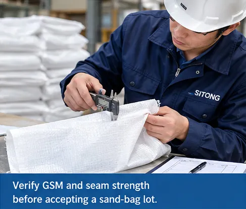 Quality inspector checking poly woven sand bag GSM and seam strength