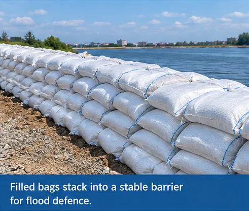 Filled poly woven sand bags stacked as a flood barrier