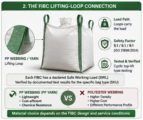 PP webbing forming an FIBC lifting loop as part of the complete bag lifting system