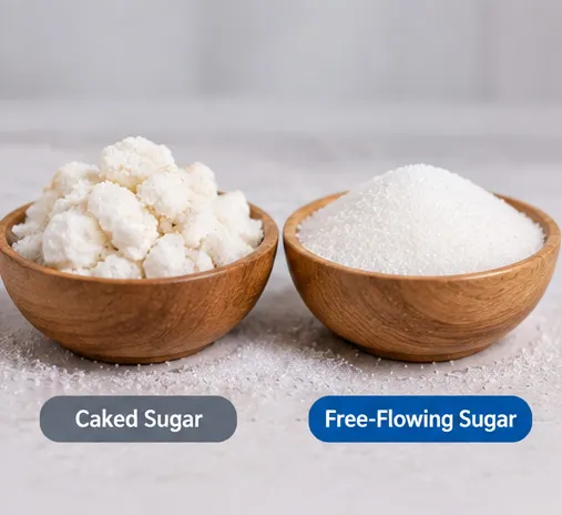 Caked sugar beside free-flowing sugar showing the effect of moisture ingress in storage