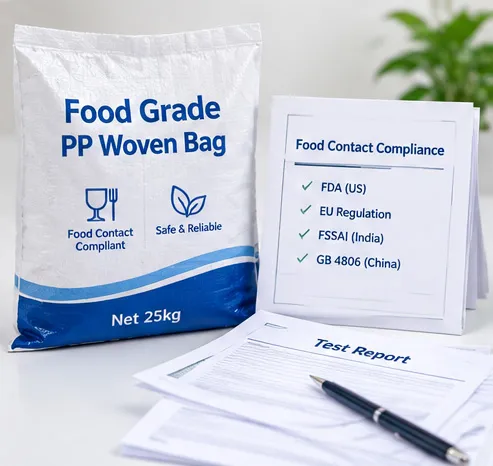 Food-contact compliance documents beside a food grade PP woven bag