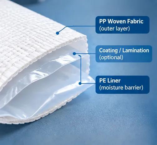 Cross-section of a laminated PP woven bag showing an inner PE liner for moisture protection