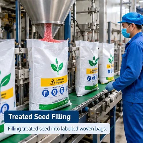 Treated seed being filled into printed PP woven bags with safety labelling