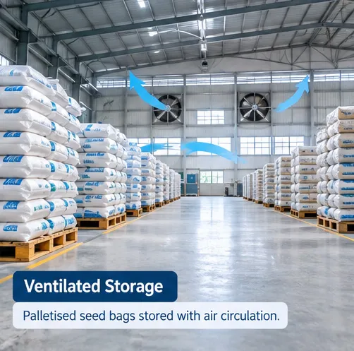 Palletised PP woven seed bags stored in a ventilated warehouse with air circulation