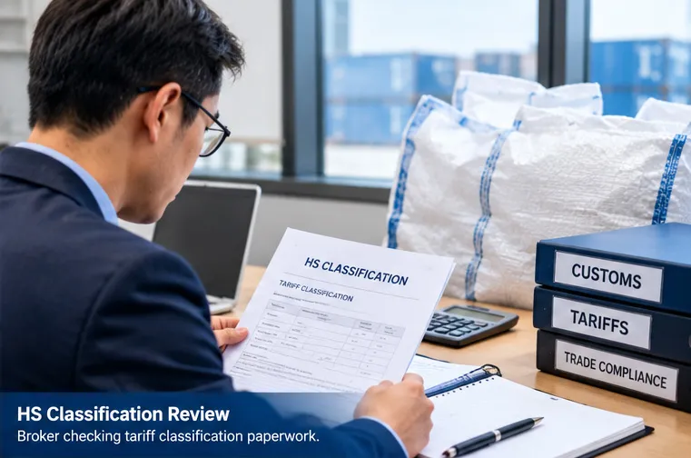 Customs broker reviewing HS classification documents for a shipment of woven polypropylene sacks