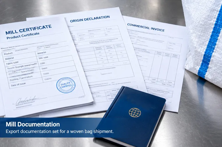 Mill certificate and origin declaration documents for an export shipment of PP woven bags