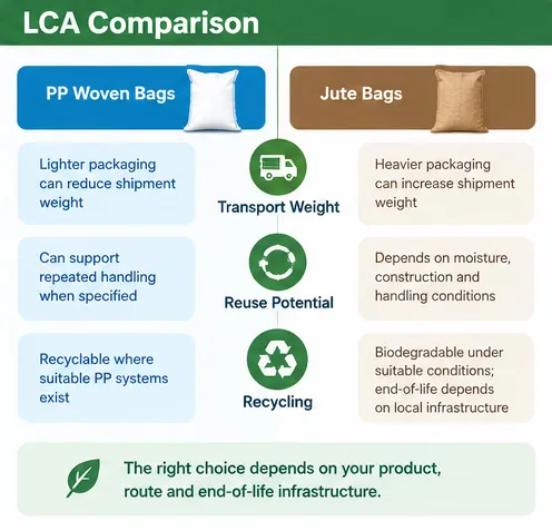 Sustainability comparison of PP woven and jute bags including transport, reuse and recycling