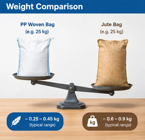 Weight comparison between a PP woven bag and a jute bag for similar packaging applications