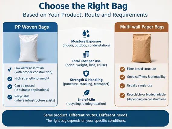 Decision guide comparing PP woven and multi-wall paper bags for different products and routes