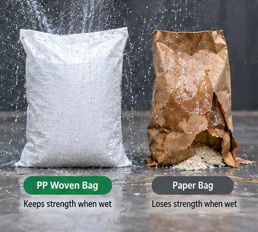 PP woven bag and paper bag compared under wet conditions