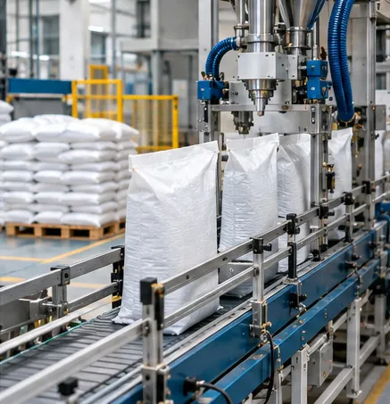 PP woven sacks moving through an automated filling line alongside paper bags