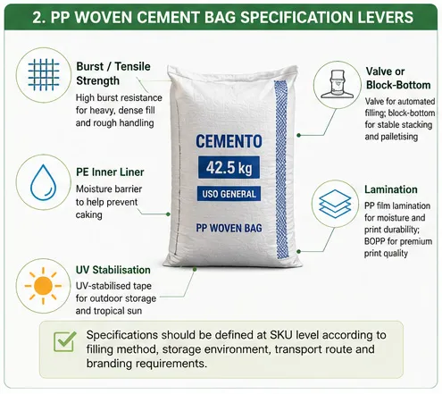 PP woven cement bag specifications including burst strength, PE liner, UV stabilisation, valve, block-bottom and lamination