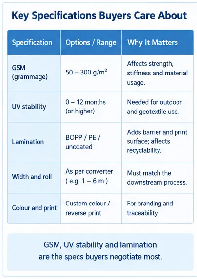 PP woven fabric GSM, UV stability, lamination, width and roll specifications