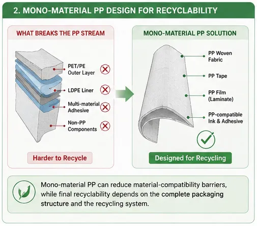 Mono-material PP woven bag design showing PP fabric, PP tape and PP-based film for recycling-oriented packaging