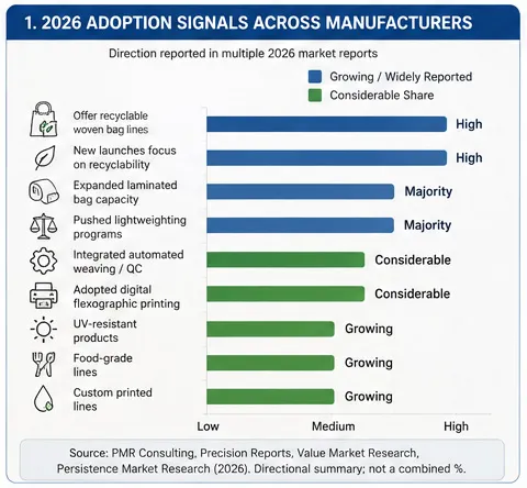 2026 market trends for recyclable PP woven bags including mono-material design, lightweighting and recycled content