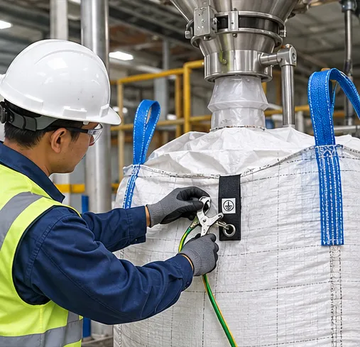 Operator connecting a grounding clamp to a Type C FIBC grounding tab during filling