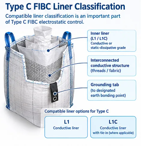 Type C FIBC with compatible inner liner and designated grounding point